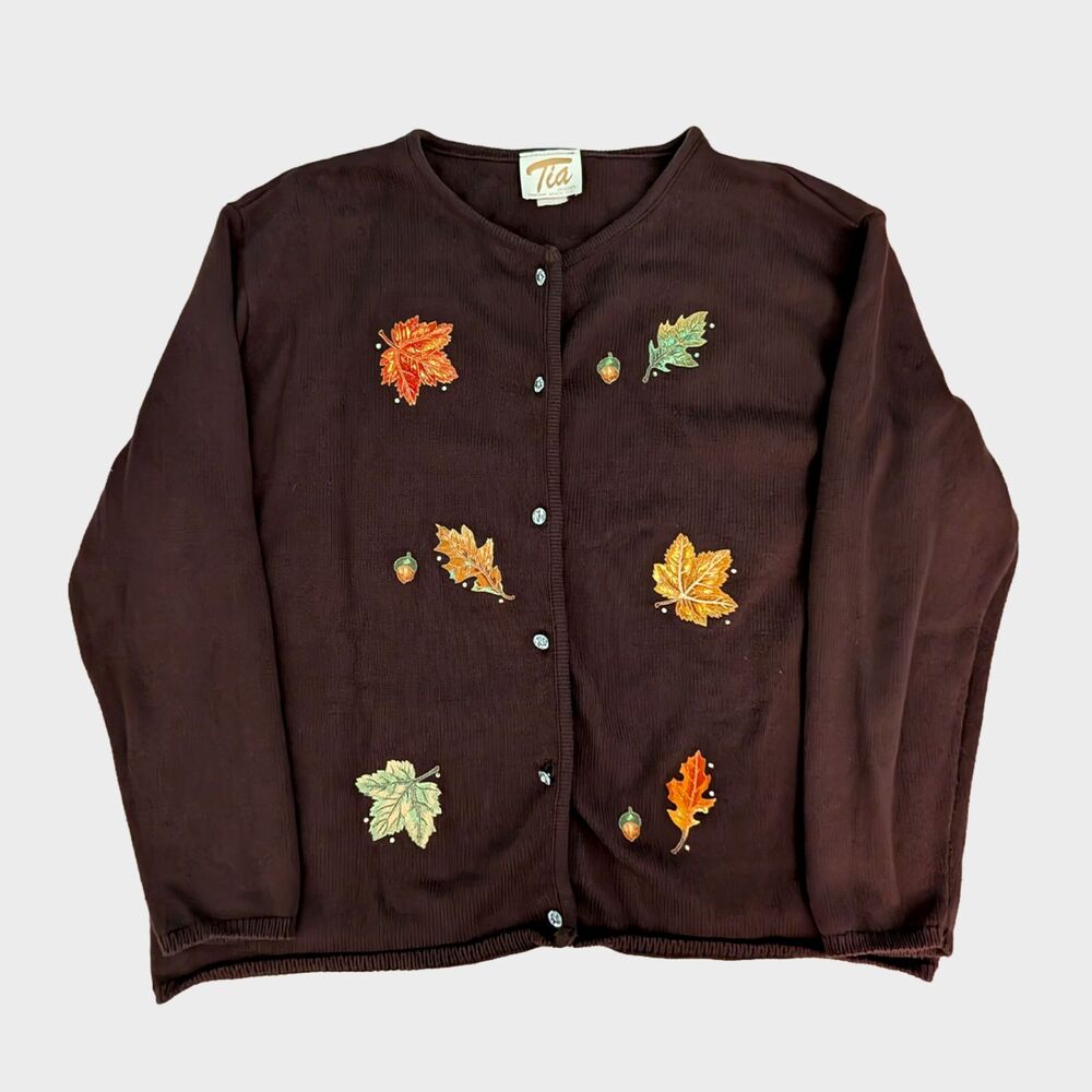 Vintage Tia Cardigan Sweater Womens 2X Fall Leaves Acorns Grandma Cottage Knit
